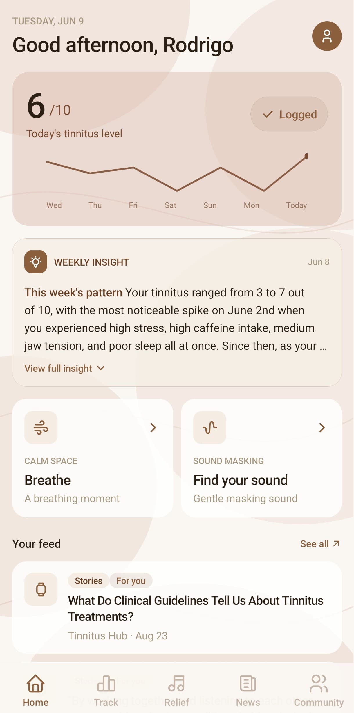 SONA app home screen with today's tinnitus level and daily check-in